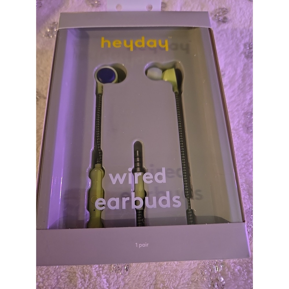Heyday Wired Earbuds with Microphone Neon‎ Yellow Black Braided Cord 3.5mm Jack